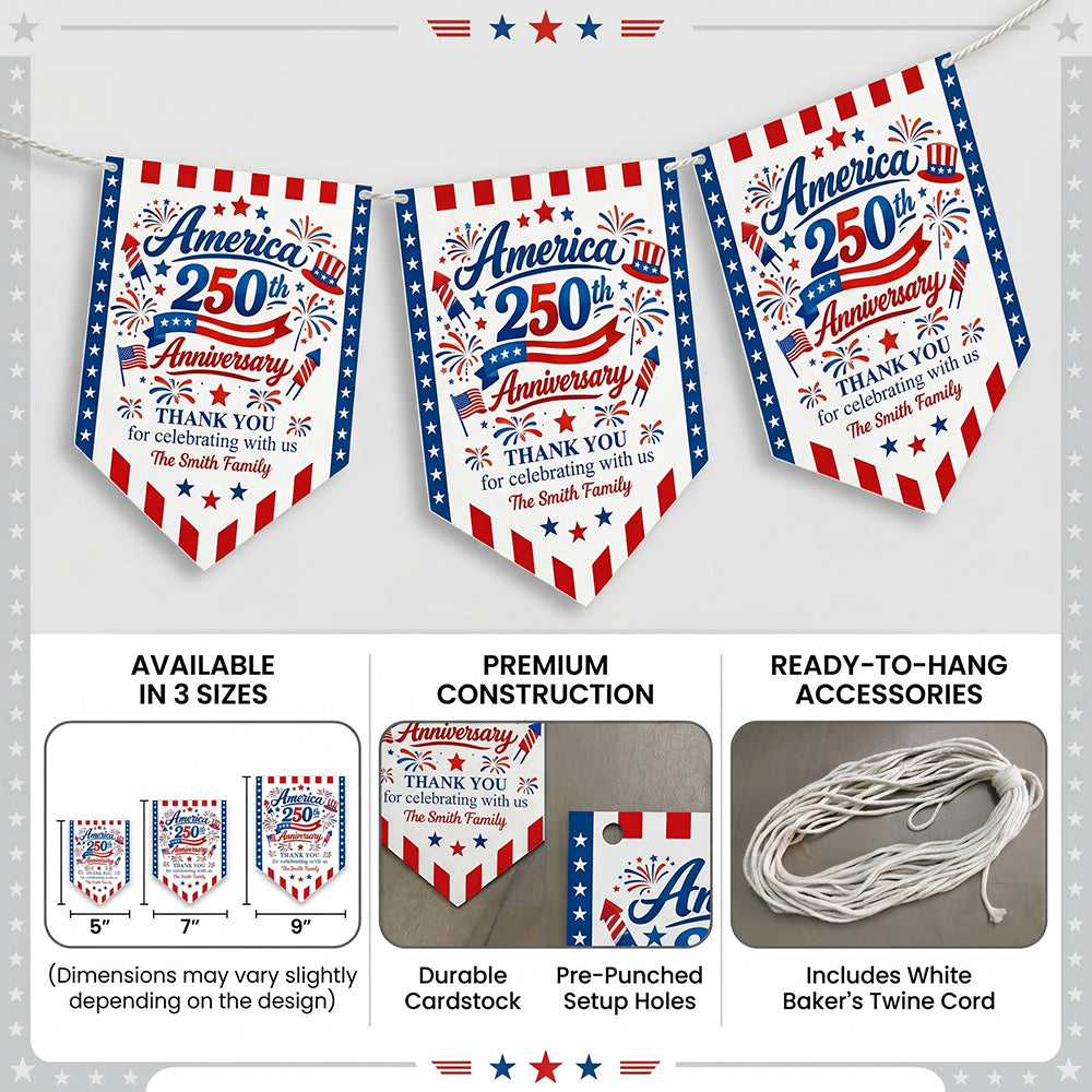Custom Name America 250th Anniversary Banner With Flag Firework Graphic For 4th Of July Party Decor