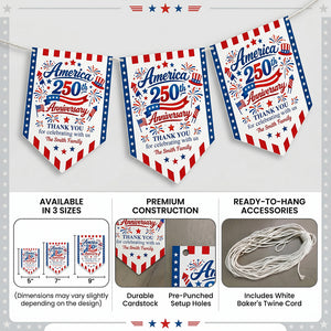 Custom Name America 250th Anniversary Banner With Flag Firework Graphic For 4th Of July Party Decor