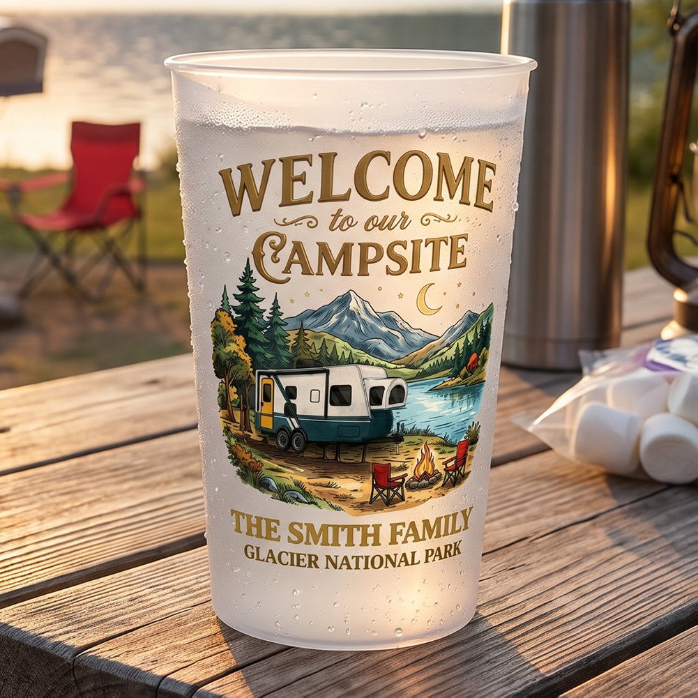 Personalized Family Name Plastic Cups With National Park Campsite For Summer Camping Party Trip