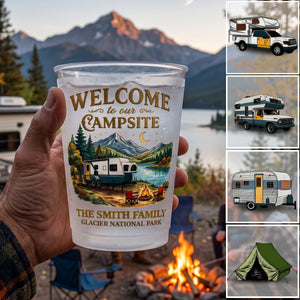 Personalized Family Name Plastic Cups With National Park Campsite For Summer Camping Party Trip