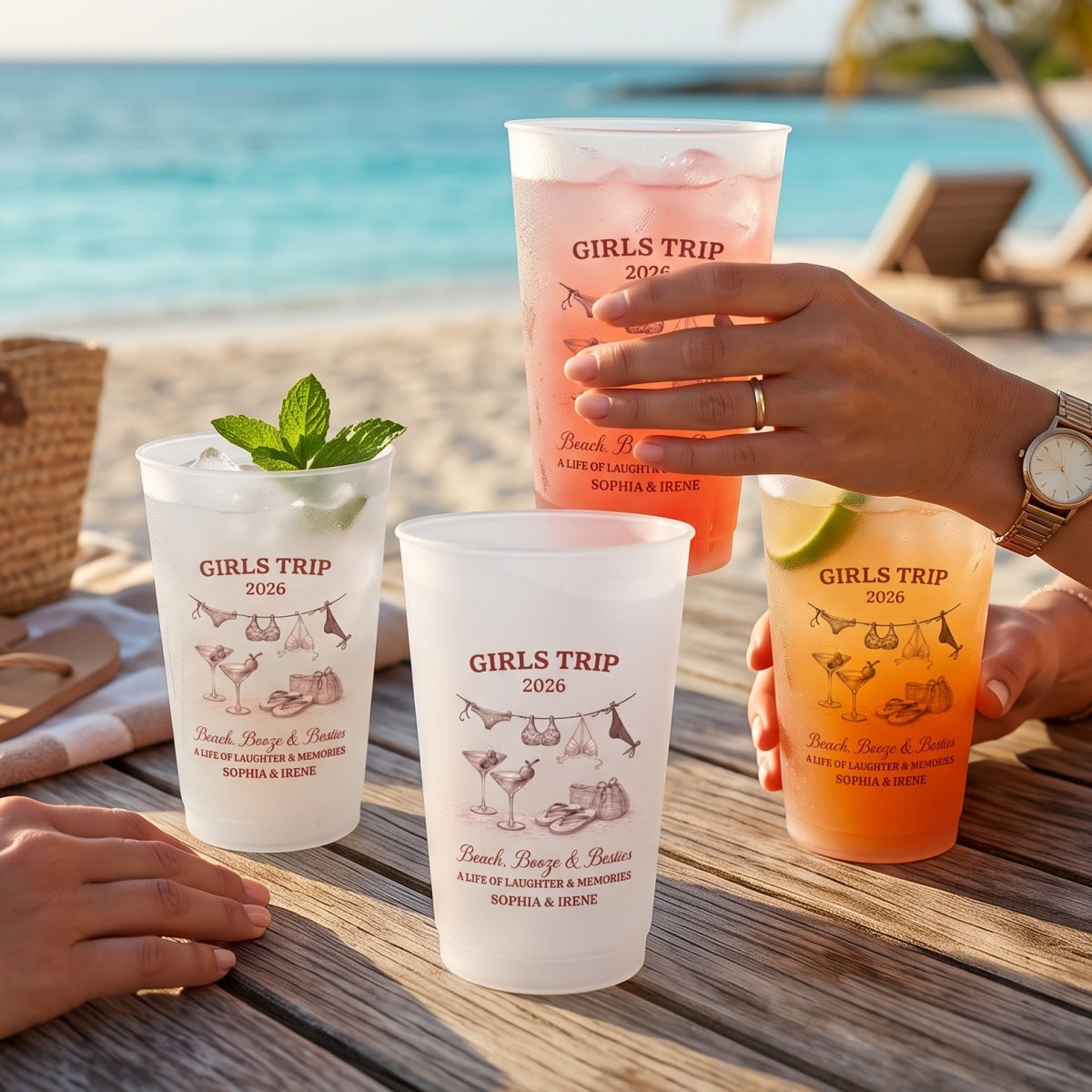 Personalized Name Year Frosted Plastic Cups With Girls Bikini Cocktail For Bachelorette Party