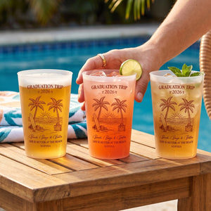 Personalized Name And Year Plastic Cups With Palm Tree Surfboard Art For Beach Vacation Party