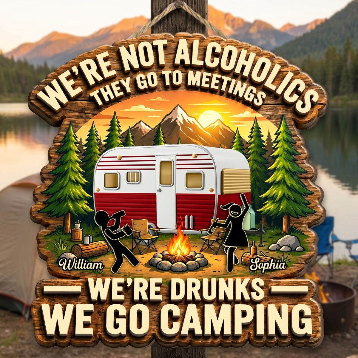 Personalized Names Alcoholics Stickman Bonfire Wooden Sign With RV Camping For Funny Camper Decor