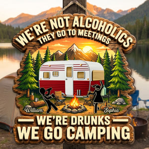 Personalized Names Alcoholics Stickman Bonfire Wooden Sign With RV Camping For Funny Camper Decor