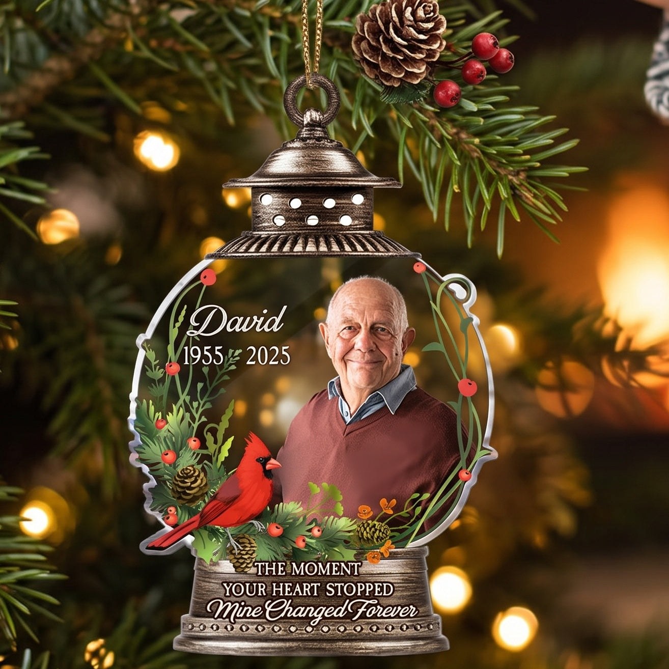 Personalized Photo Memorial Ornament With Cardinal Lantern Design For Christmas Tree Gift