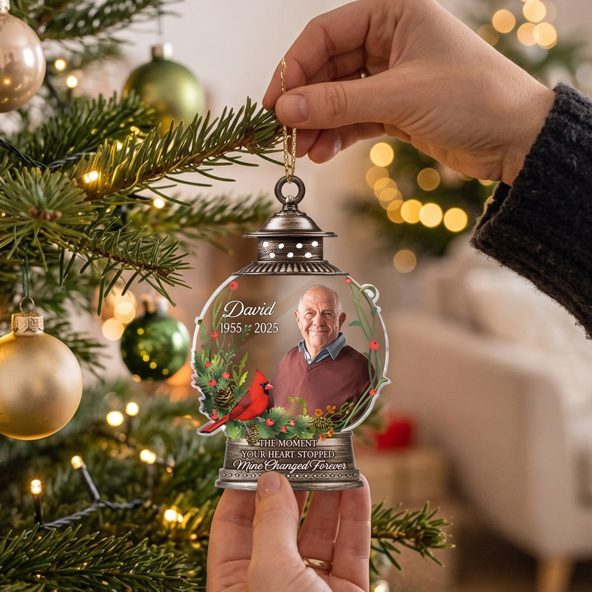 Personalized Photo Memorial Ornament With Cardinal Lantern Design For Christmas Tree Gift