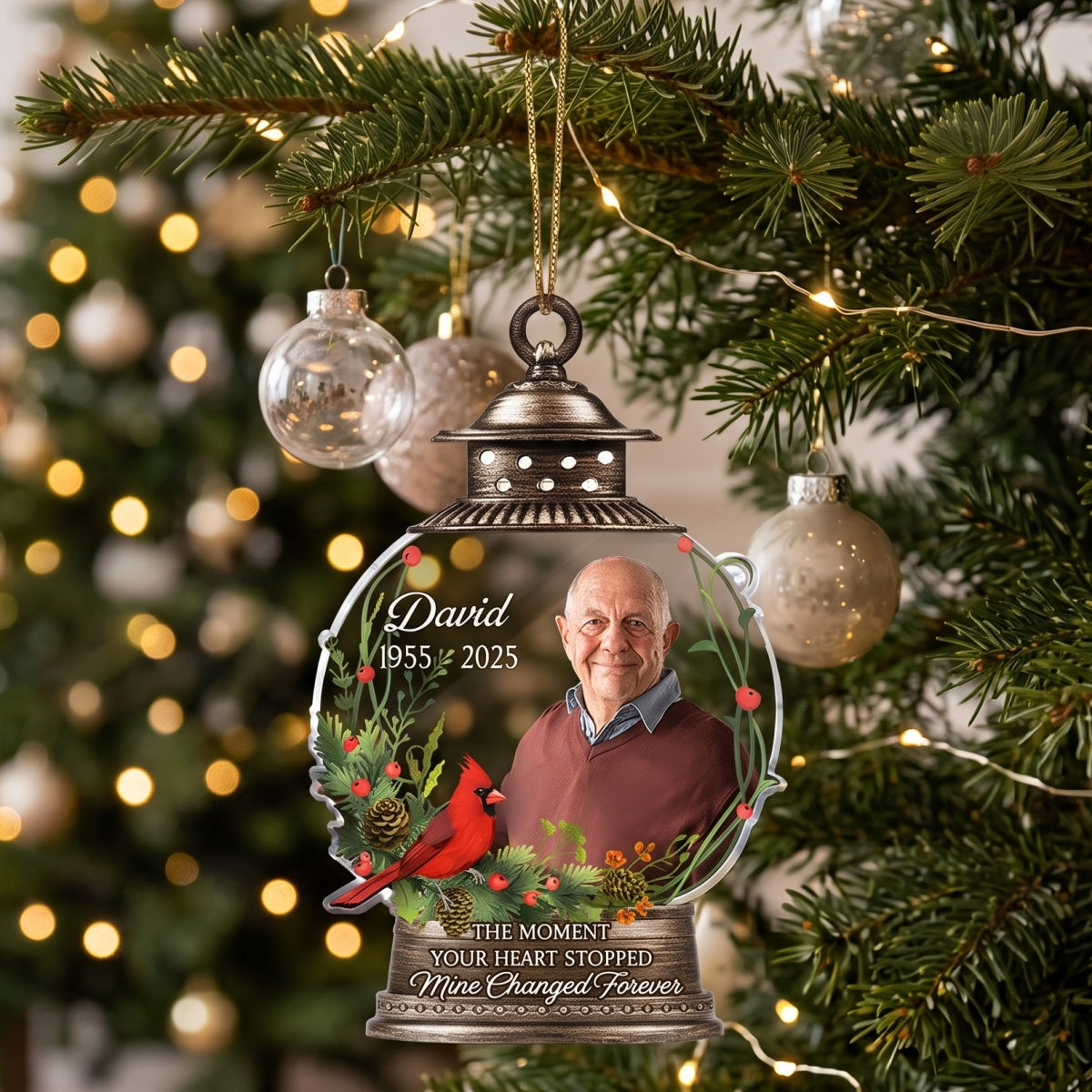 Personalized Photo Memorial Ornament With Cardinal Lantern Design For Christmas Tree Gift