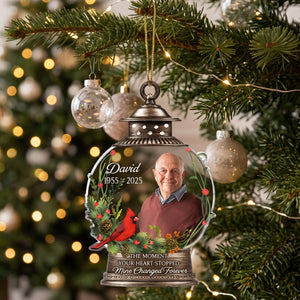 Personalized Photo Memorial Ornament With Cardinal Lantern Design For Christmas Tree Gift
