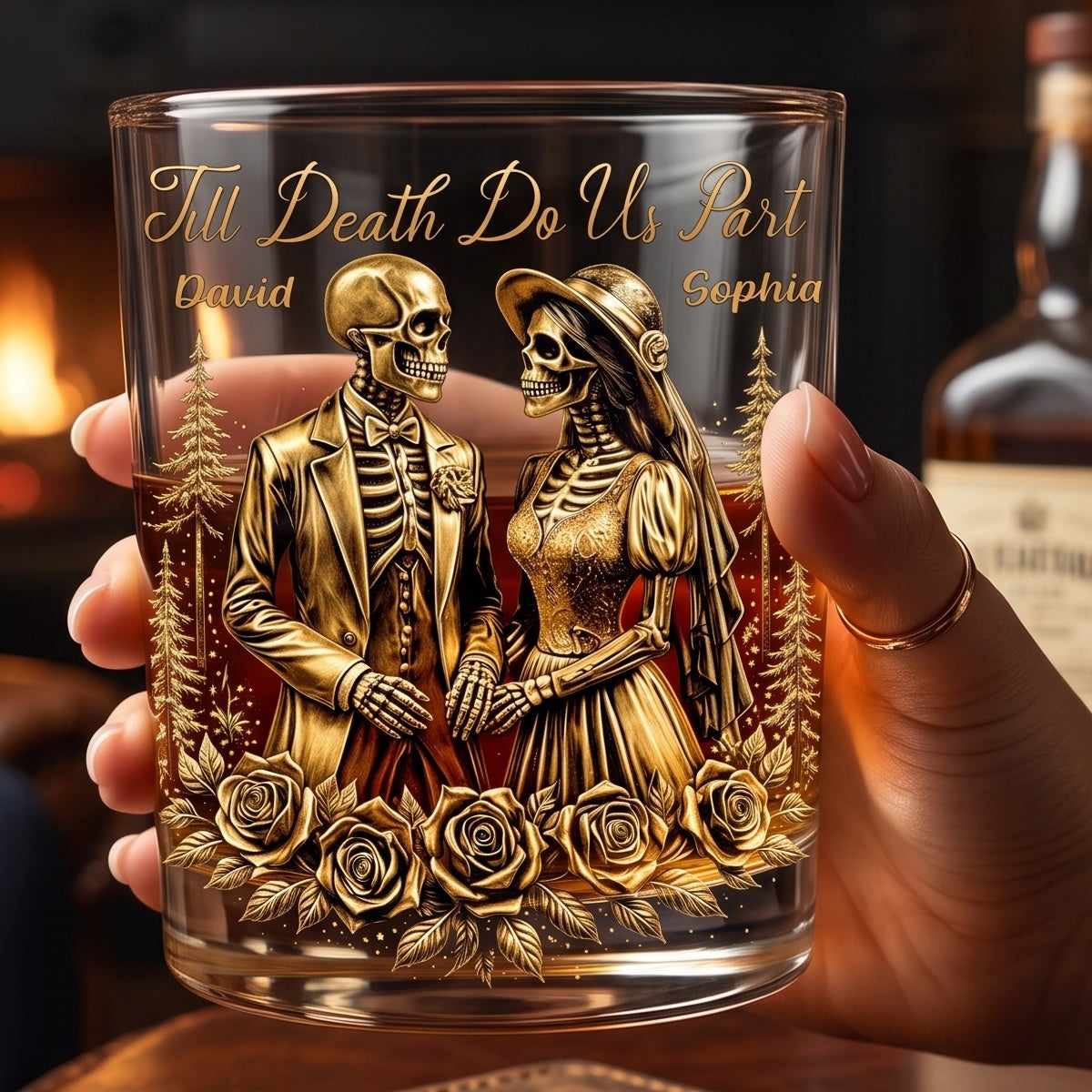 Personalized Name Skeleton Couple Whiskey Glass With Till Death Do Us Part For Halloween Anniversary Gift