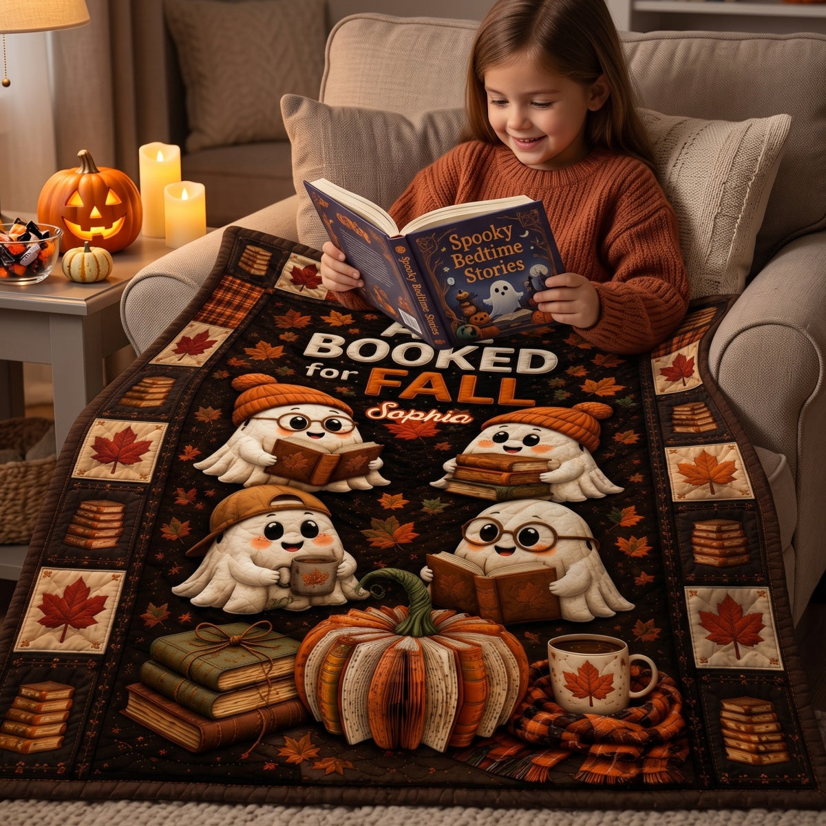 Personalized Name Book Pumpkin Throw Blanket With Cute Reading Ghost For Cozy Fall & Halloween