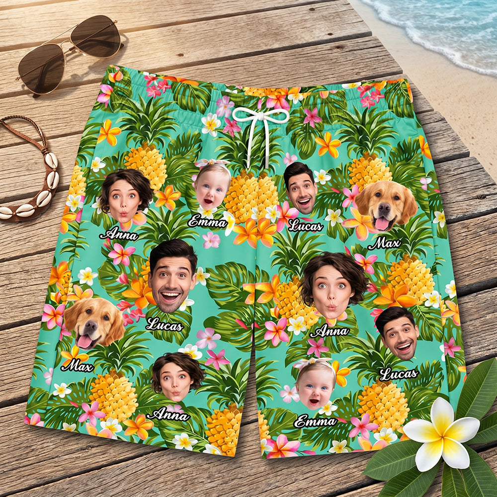 Custom Photo Names Hawaiian Beach Shorts With Tropical Floral Graphic For Summer Gift