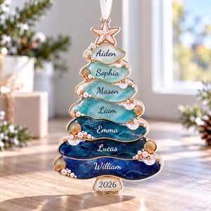 Personalized Sea Glass Family Christmas Tree Acrylic Ornament | Coastal Christmas Gift For Family