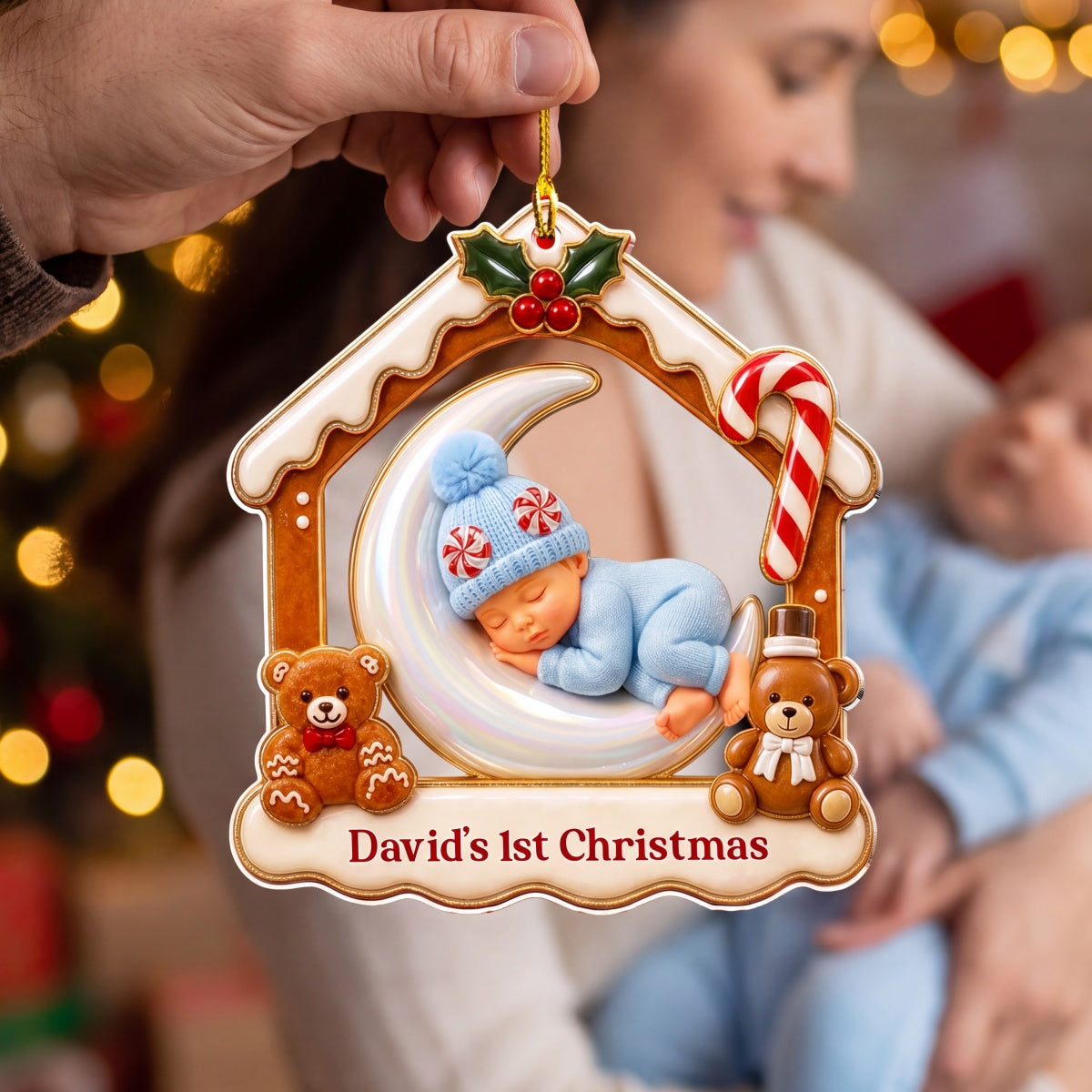 Personalized Baby's 1st Christmas Acrylic Ornament - Sleeping Baby On Moon - Gift For New Parents
