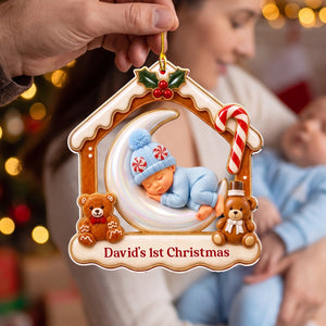 Personalized Baby's 1st Christmas Acrylic Ornament - Sleeping Baby On Moon - Gift For New Parents