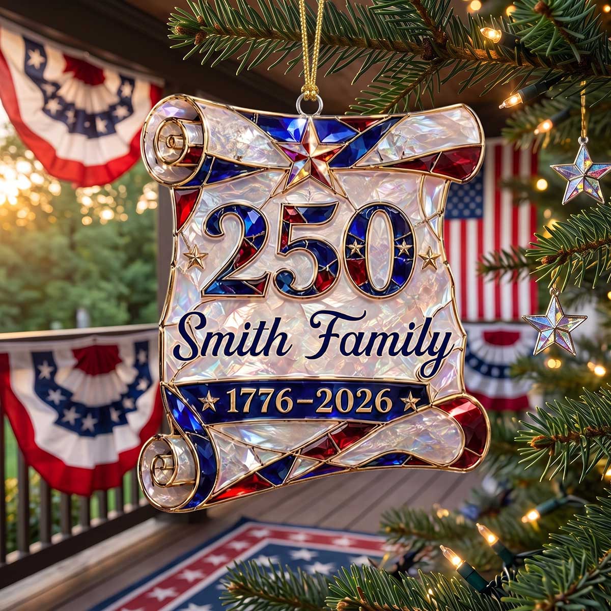 Personalized 1776–2026 Hologram Scroll Acrylic Ornament | American Family Christmas Commemorative Gift