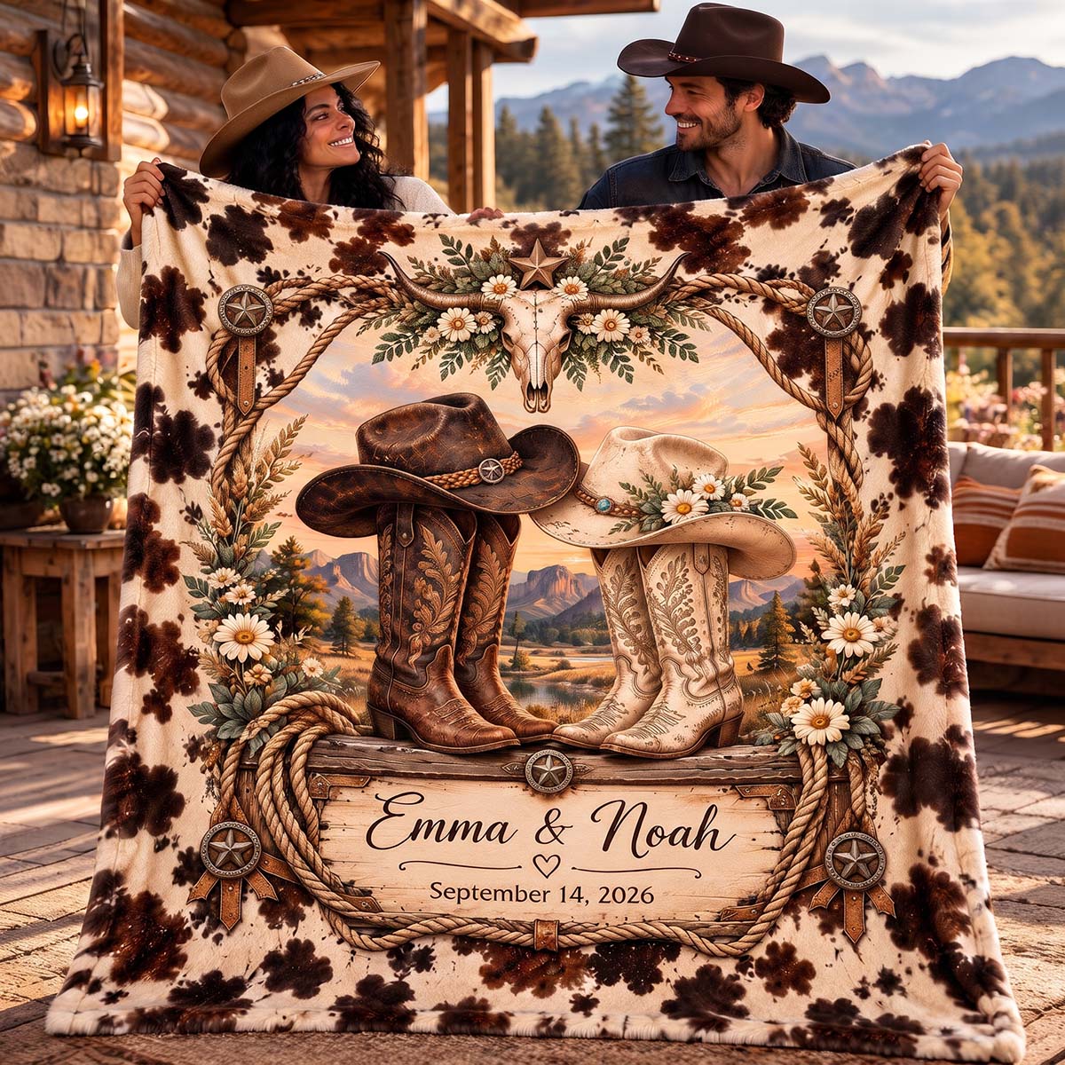 Personalized Western Cowboy Couple Blanket | Wedding Anniversary Gift For Country Couple