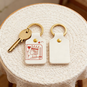 Personalized Playing Card Queen Leather Keychain With Initials & Message - Valentine's Day Gift For Couples