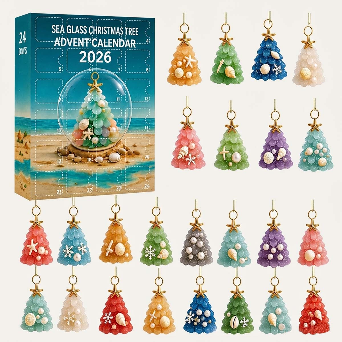 2D Sea Glass Christmas Tree Advent Calendar - 24 Days Coastal Shell Ornament Countdown Set