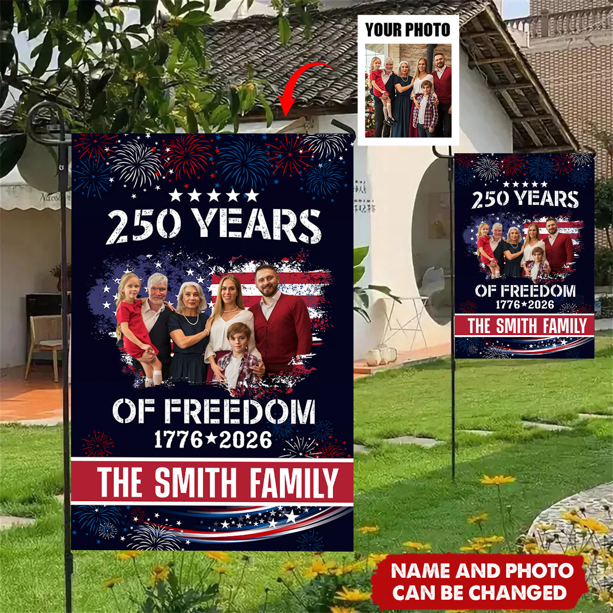 Personalized Celebrate 250 Years Of America Garden Flag With Family Photo & Name | Creative Semiquincentennial Celebration Gift For Patriots Families