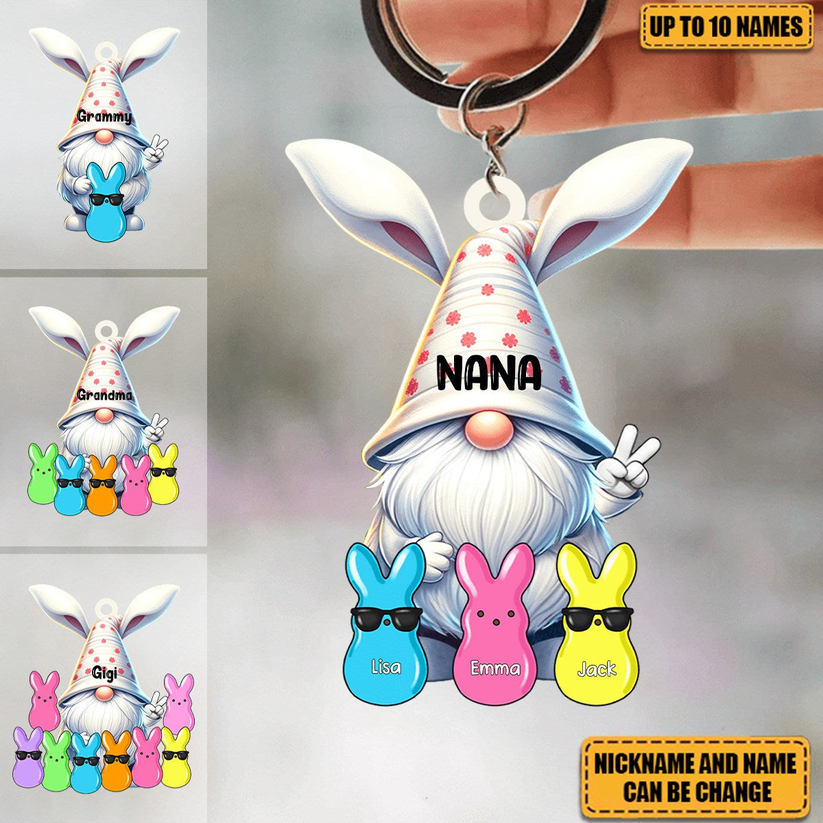 Personalized Bunny Ears Gnome Acrylic Keychain With Kids Names & Little Bunnies - Creative Easter Surprise Gift For Nana & Grandma