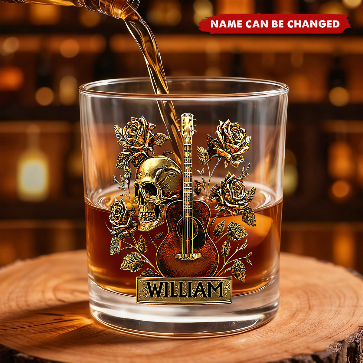 Personalized Guitar Whiskey Glass With Name | Guitar & Skull & Roses | Unique Xmas Gift For Musician Husband Men