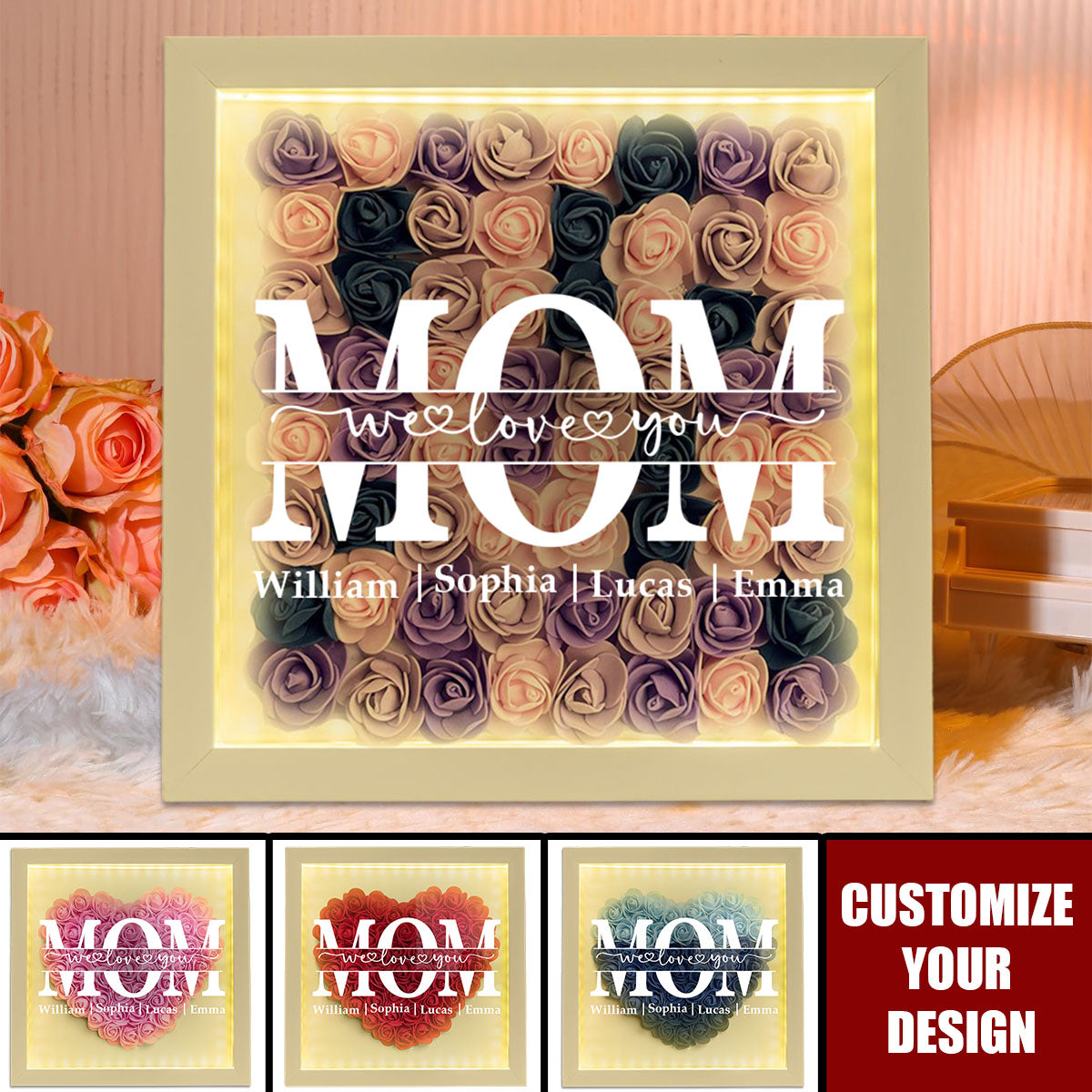 We Love You Mom - Personalized Flower Shadow Box With LED Light,Mother's Day Gift