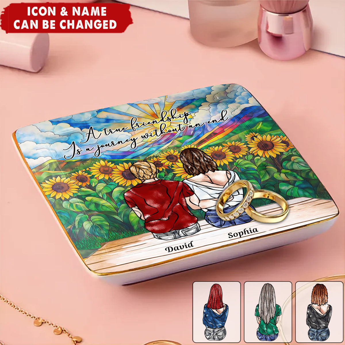 Personalized Friendship Jewelry Dish - A True Friendship Is A Journey Without An End Stained Glass Style | Custom Best Friend Gift For Girls
