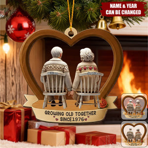 Personalized 3D Effect Back View Old Couple Ornament With Names & Quote & Year | Romantic Wedding Anniversary Xmas Gift For Partner Couple