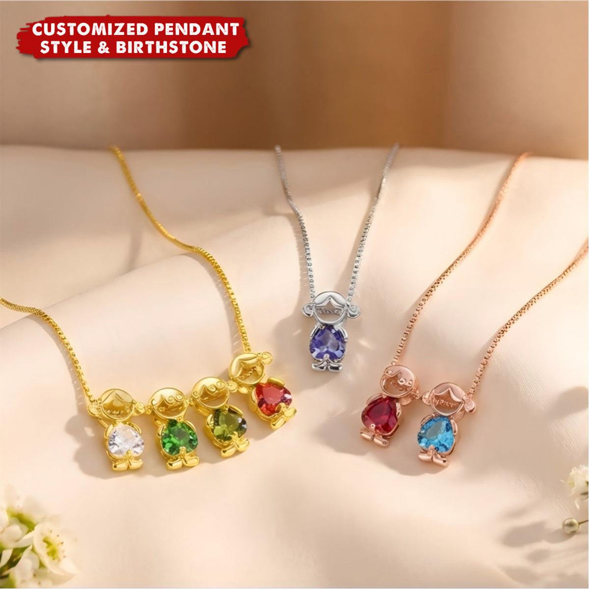 Personalized Children Heart Silhouette Birthstone Necklace | Birthday Gift For Women Kids