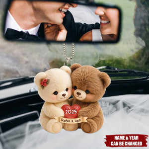 Personalized Loving Bear Couple Acrylic Car Ornament With Names & Year - Rearview Mirror Accessory For Couple