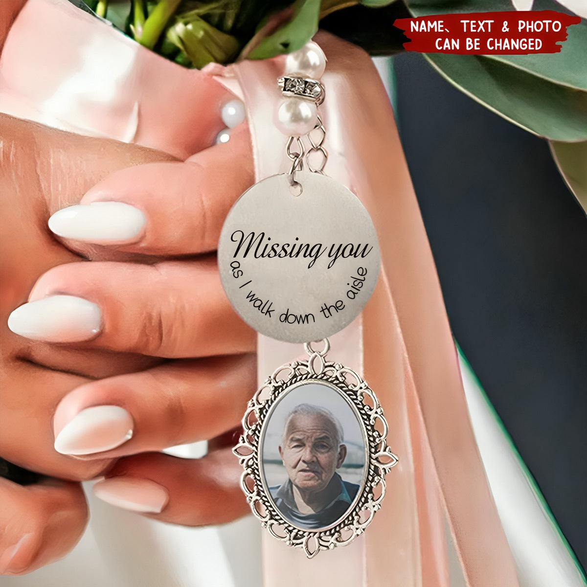 Customizable Bridal Bouquet Charm - Oval Lace Photo Locket with Heart Engraved Pendant, Personalized Wedding Memorial Jewelry for Sentimental Brides