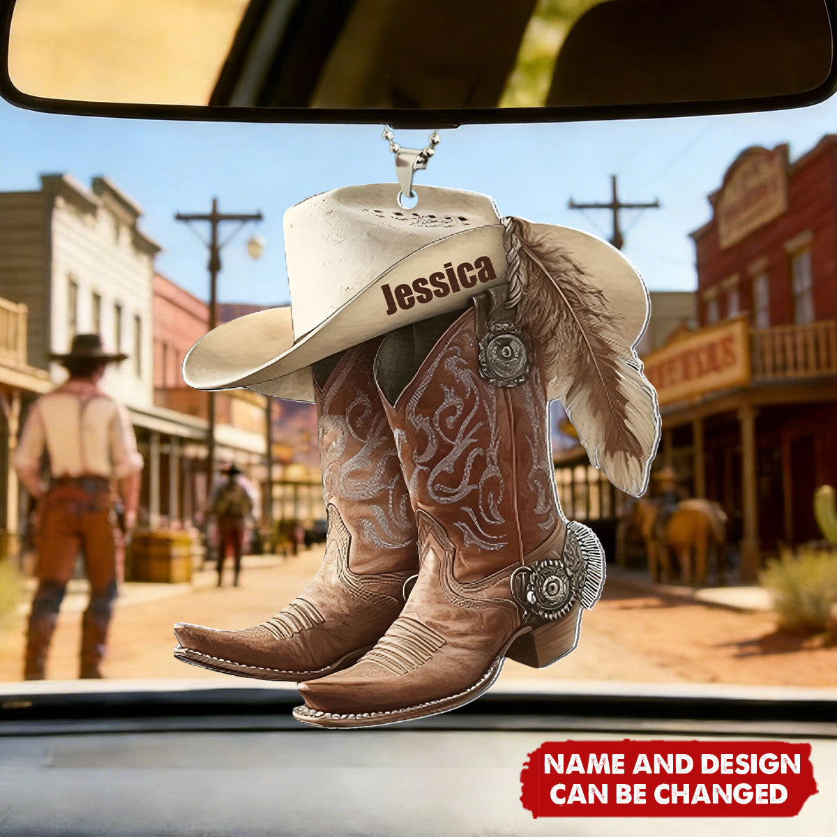 Personalized Western Boots & Hat Car Ornament With Name & Style Selection | Road Trip Accessory For Cowgirl Cowboy