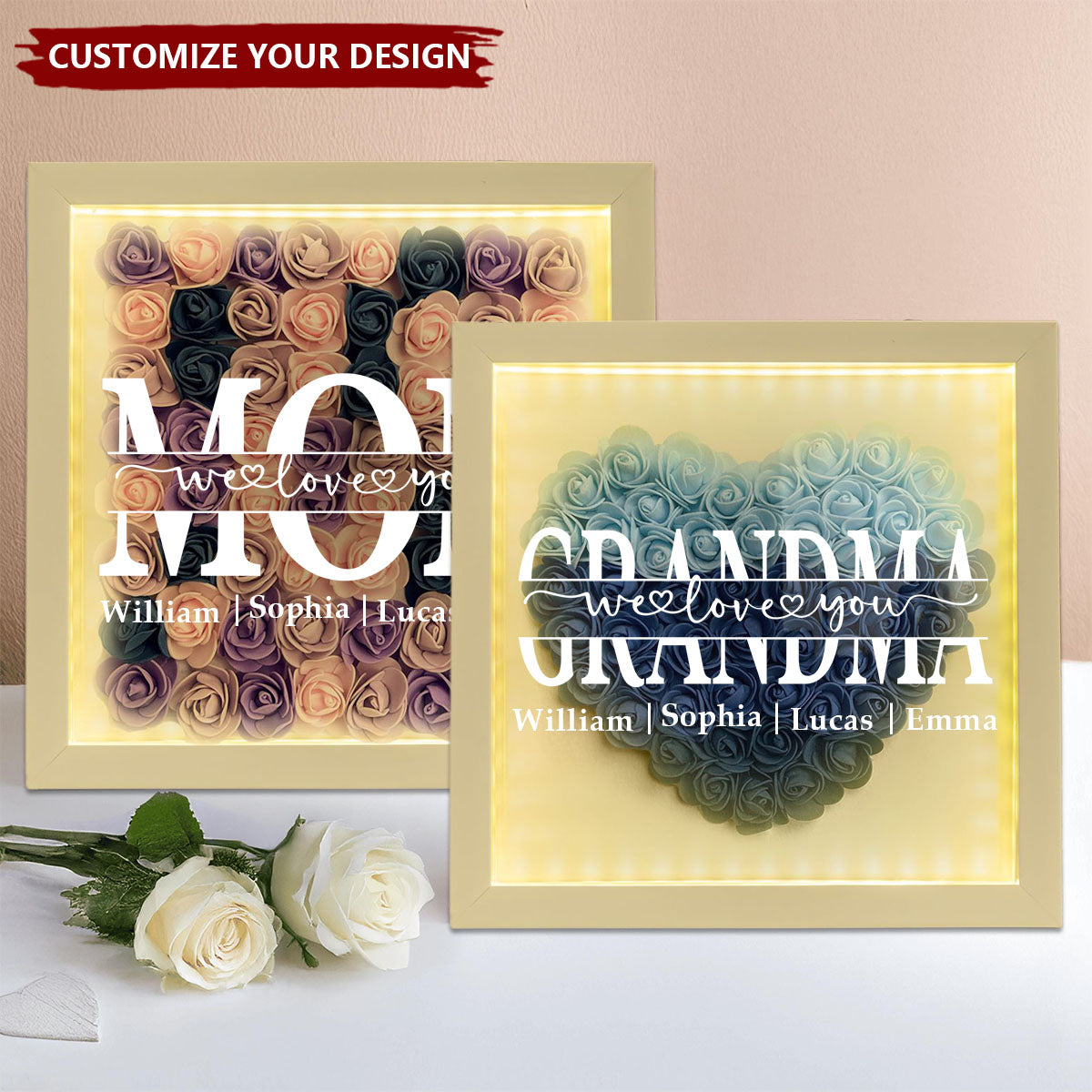 We Love You Mom - Personalized Flower Shadow Box With LED Light,Mother's Day Gift