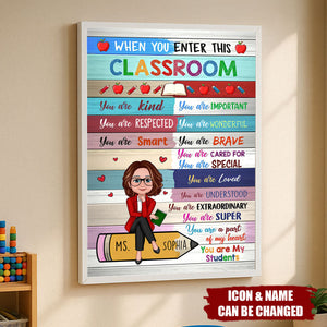 Colorful Teacher Sitting On Pencil Personalized Poster, Classroom Decoration