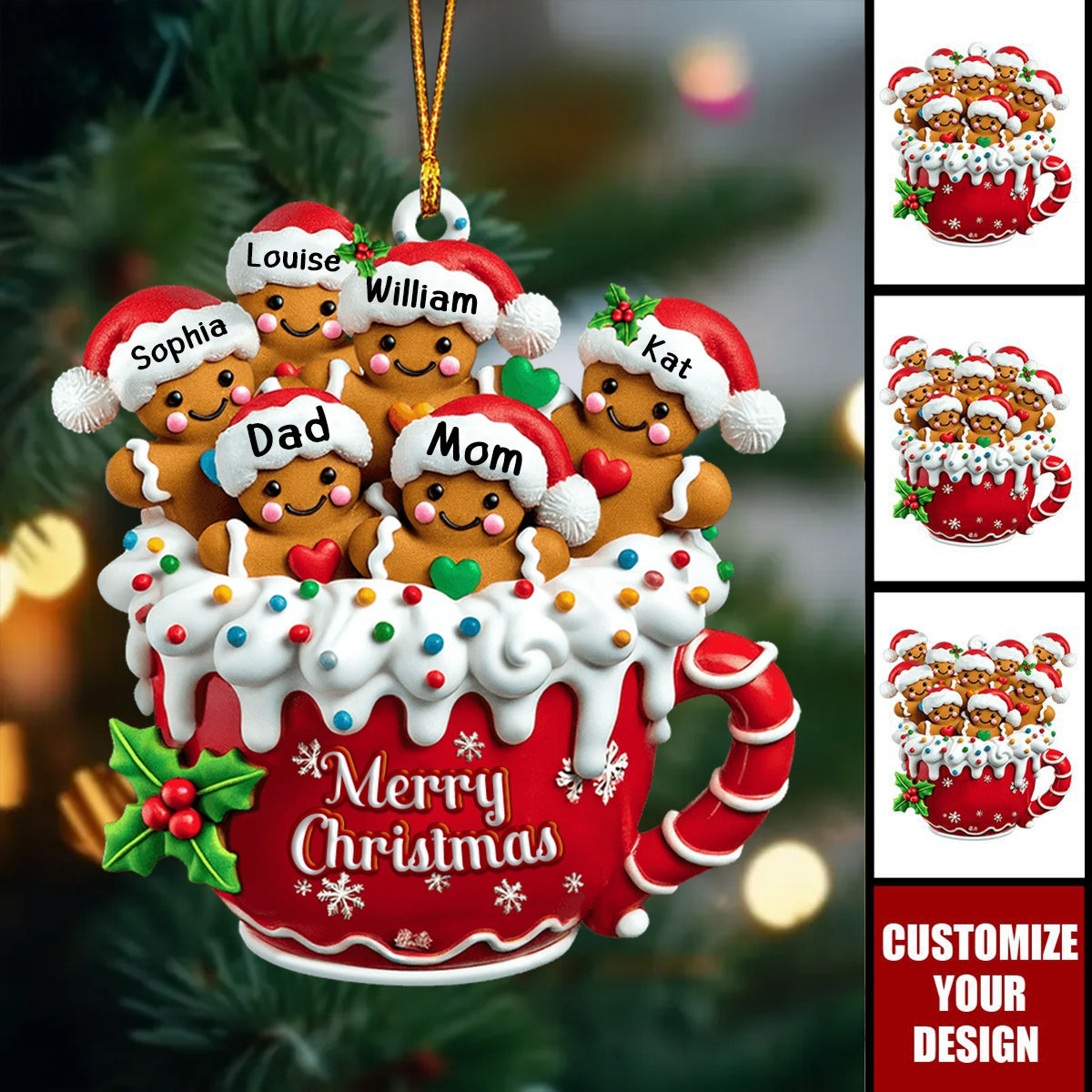 Personalized Gingerbread Family Ornament With 1-10 Names "Put" The Family Into Gingerbread Cups To Welcome Christmas