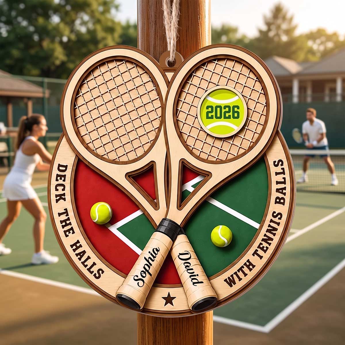 Personalized "Deck The Halls With Tennis Balls" Wood Ornament - Christmas Gift For Tennis Lovers Players Couples
