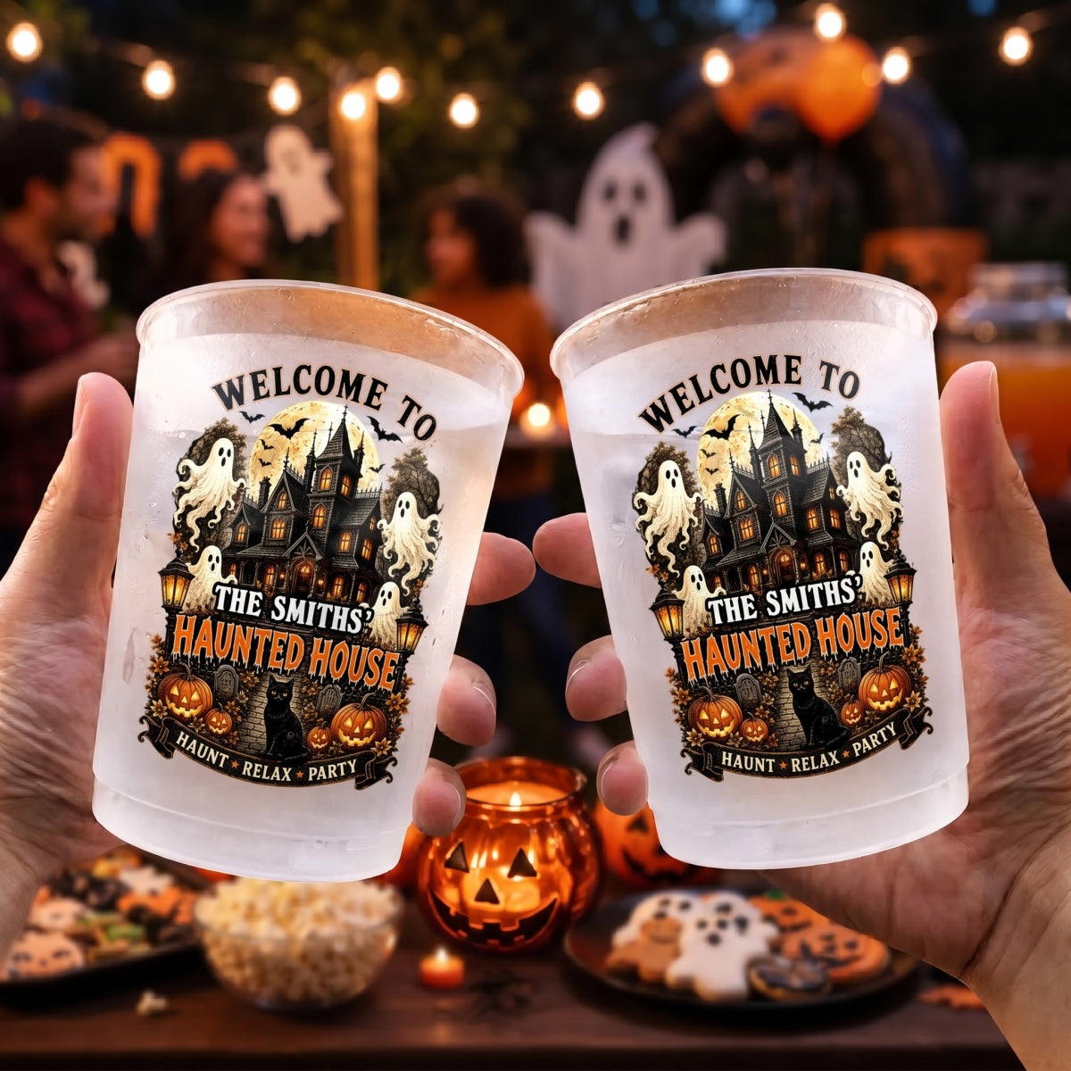 Personalized Haunted House Party Cups - Spooky Black Cat Frosted Favors- Halloween Gifts For Family