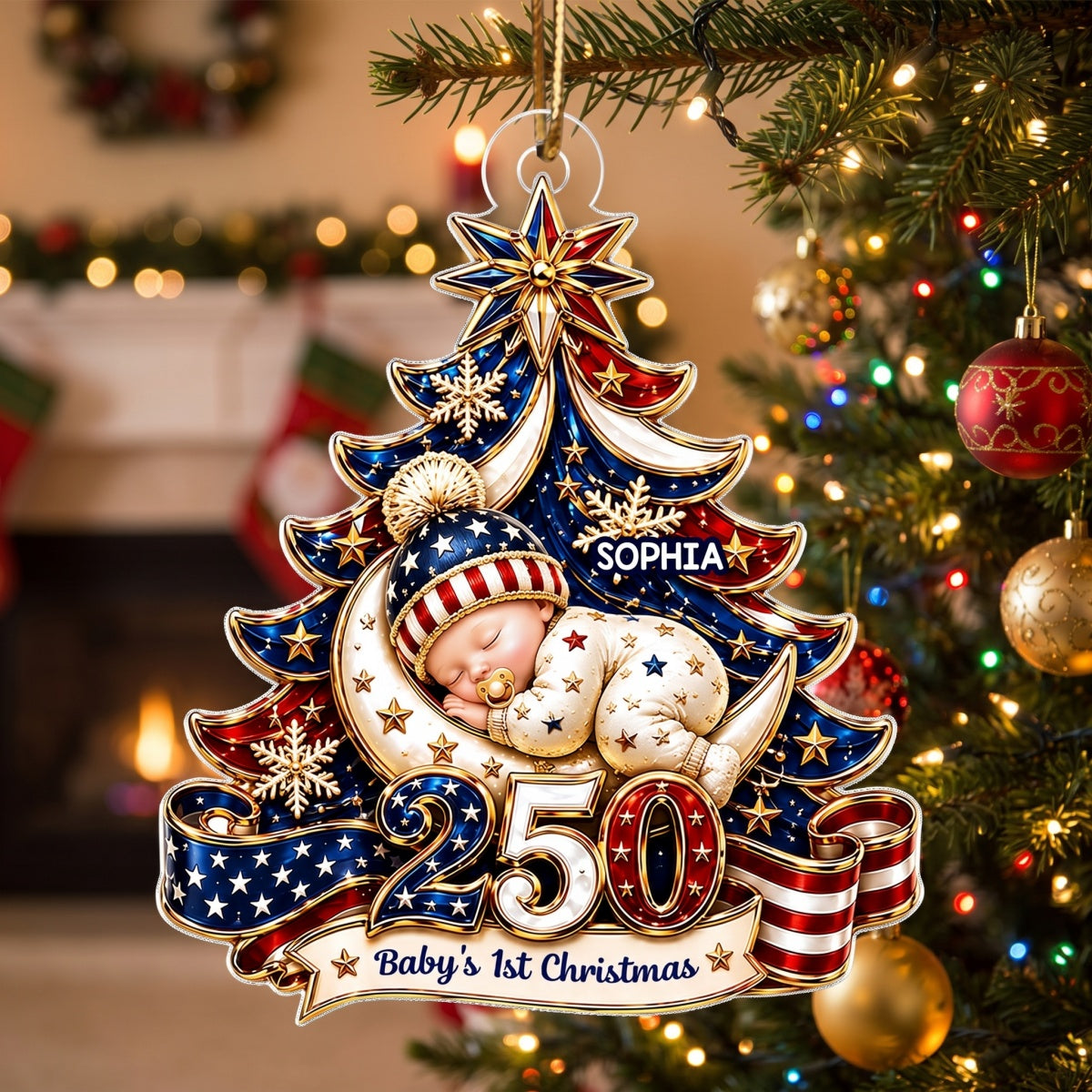 Personalized America 250th Anniversary Baby First Christmas Acrylic Ornament - Gift For Newborn