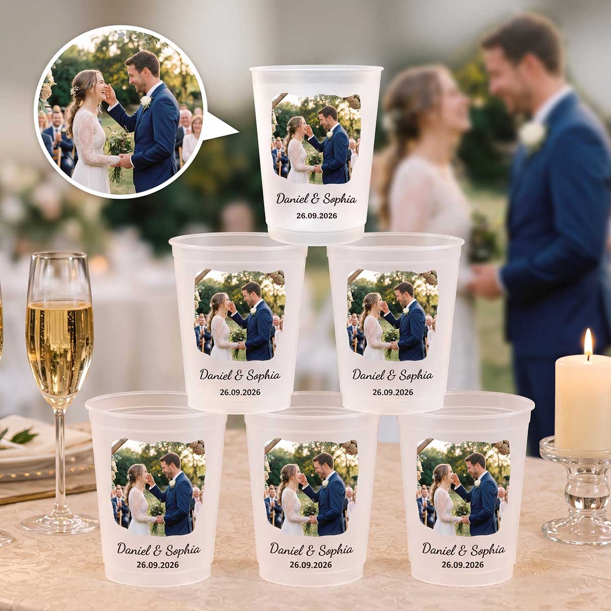 Personalized Couple Wedding Photo Frosted Plastic Cups | Wedding Reception Decorations