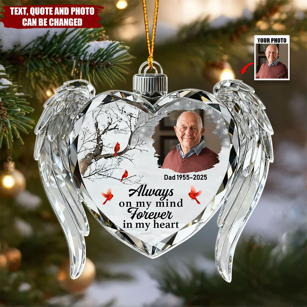 Personalized  Memorial Crystal Heart Wings Christmas Acrylic Ornament With Name & Photo | Sympathy Gift For Loss Of Loved One
