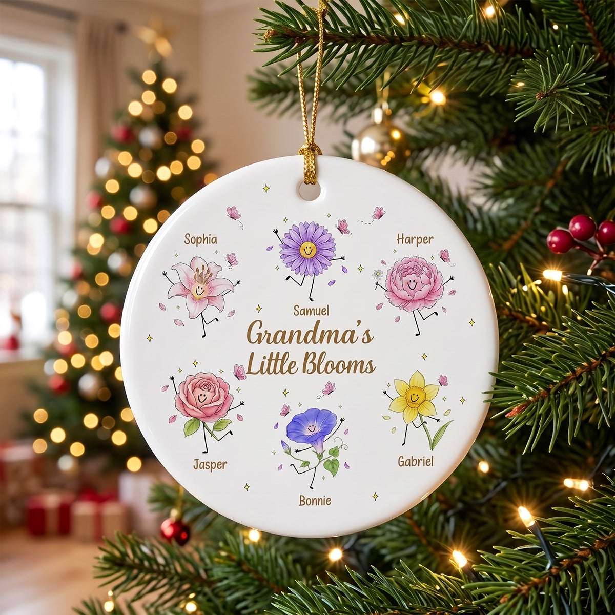 Personalized Smiling Floral Ceramic Ornament With Grandma's Little Blooms | Unique Gift For Grandma