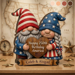 Happy 250th Birthday America - Personalized Custom Patriotic Gnome Couple Wood Block