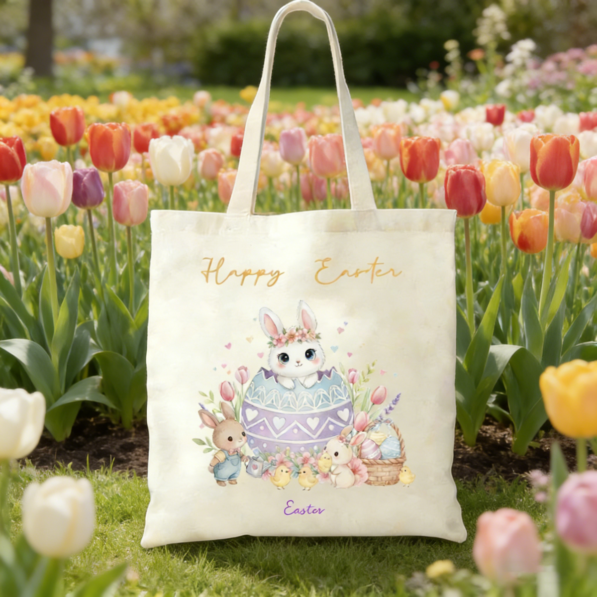 Personalized Watercolor Bunny Canvas Tote Bag With Name Happy Easter Egg Hunt Bag | Spring Party Favors Easter Gift For Kids