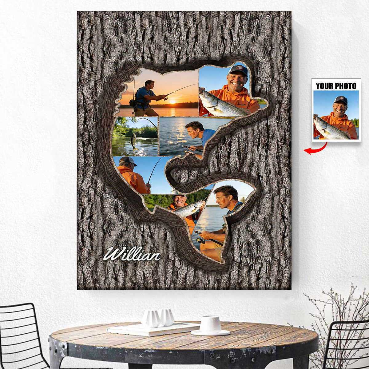 Personalized Fishing Silhouette Photo Collage Cover Poster With Name - Father's Day Birthday Gift For Dad & Anglers