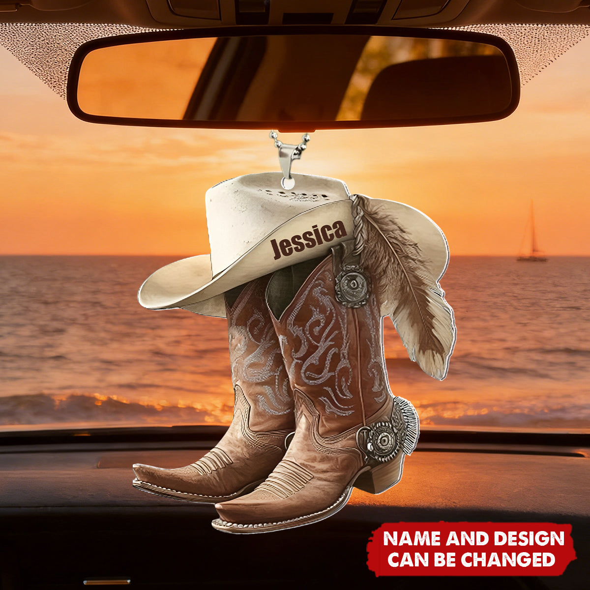 Personalized Western Boots & Hat Car Ornament With Name & Style Selection | Road Trip Accessory For Cowgirl Cowboy