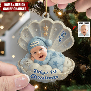 Personalized Baby Sleeping On Shell Ornaments With Name Photo & Year Baby's First Christmas For Family