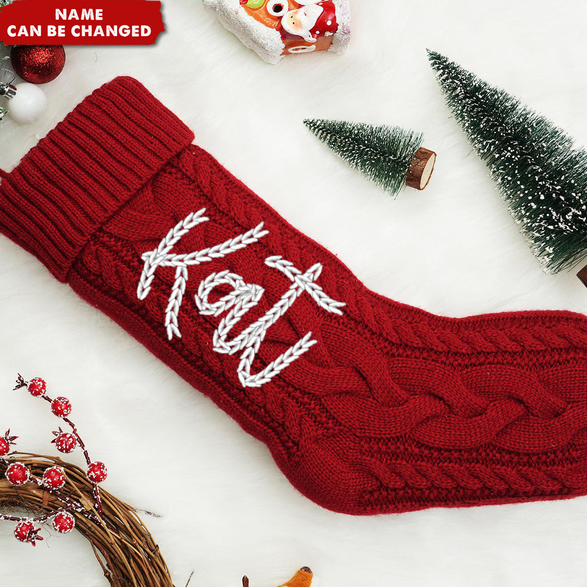 Personalized Christmas Stocking Holiday Greetings - Festive Cable Knit with Custom Name - Family Stocking Stuffer Gift