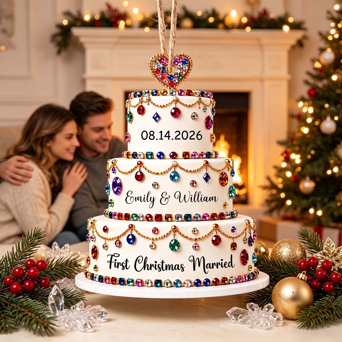 Personalized First Christmas Married Cake Acrylic Ornament | Newlywed Couple Gift