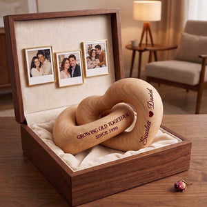 Growing Old Together - Personalized Interlocking Couple Wooden Hearts Sculpture