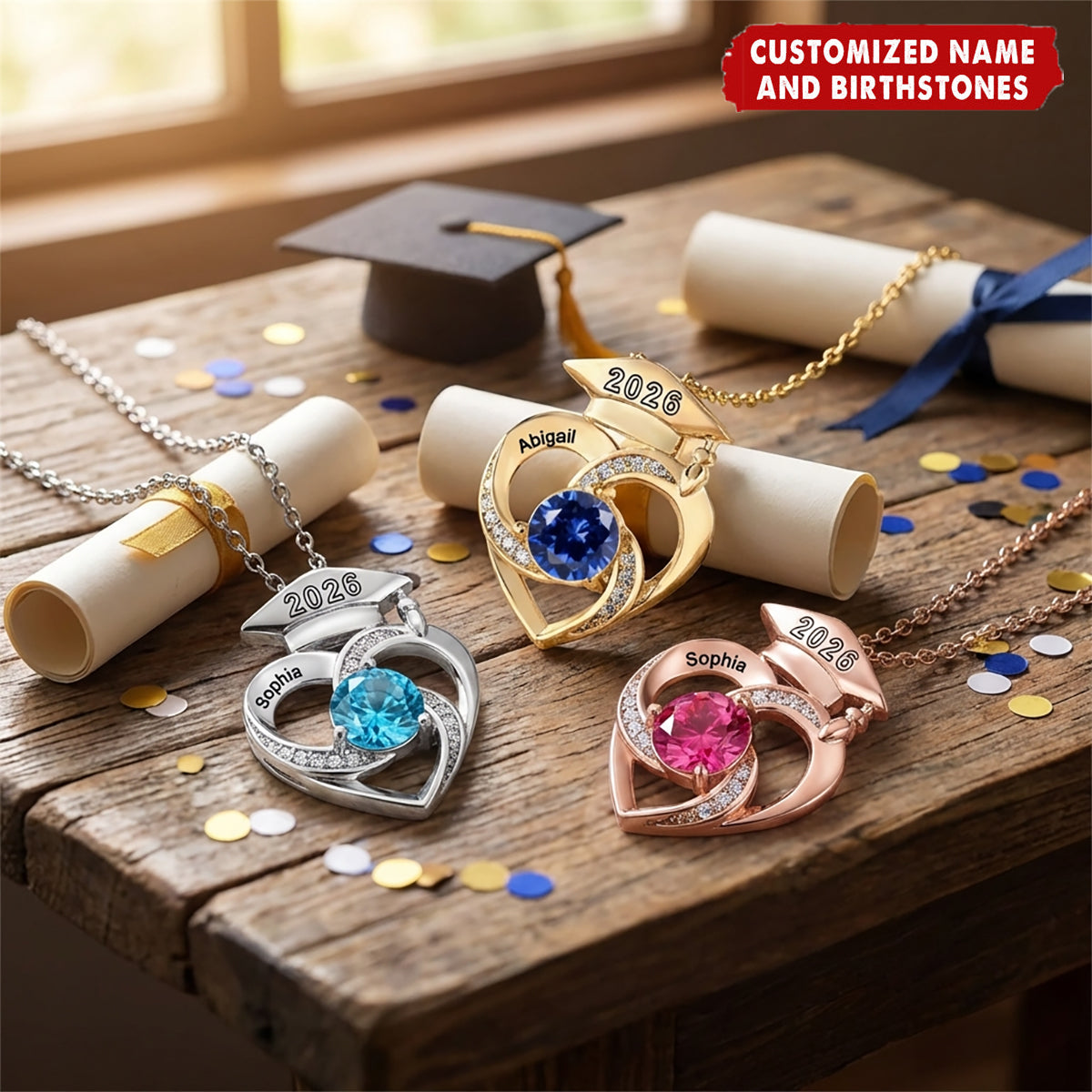 Personalized Graduation Cap Heart Necklace With Birthstone & Name |  Graduation Gift For Graduates Family Friends